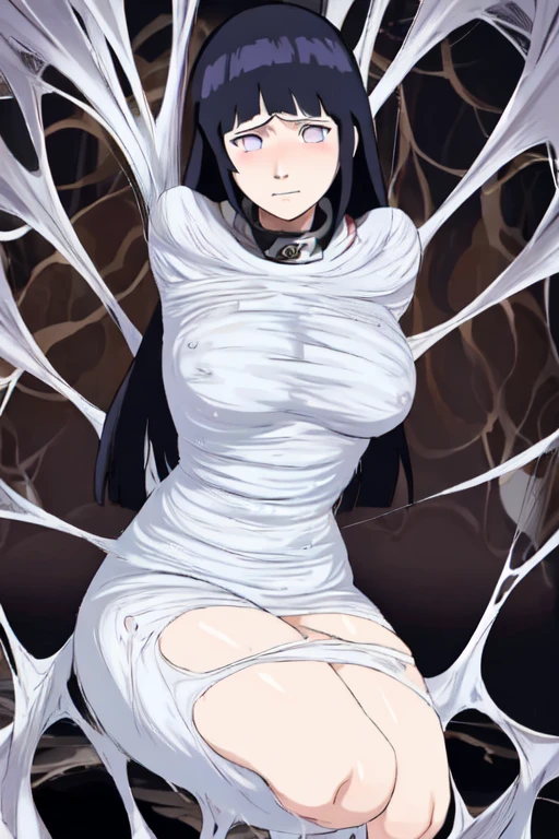 masterpiece, best quality, 1girl, solo, looking at viewer, hinata\(shippuden\), length hair, floating hair，large breasts , breasts out,  (arms behind back:1.4), hanging,spiders in the web,long spider, Hinata, desperate，struggle, entangled, embarassed face, despair,cocoon, blushing face, fucked by spider, spider touching her,(spider touching her), holding hair, pov spider's leg pulling hair, hair played, hair toying, (spider raises her hair),