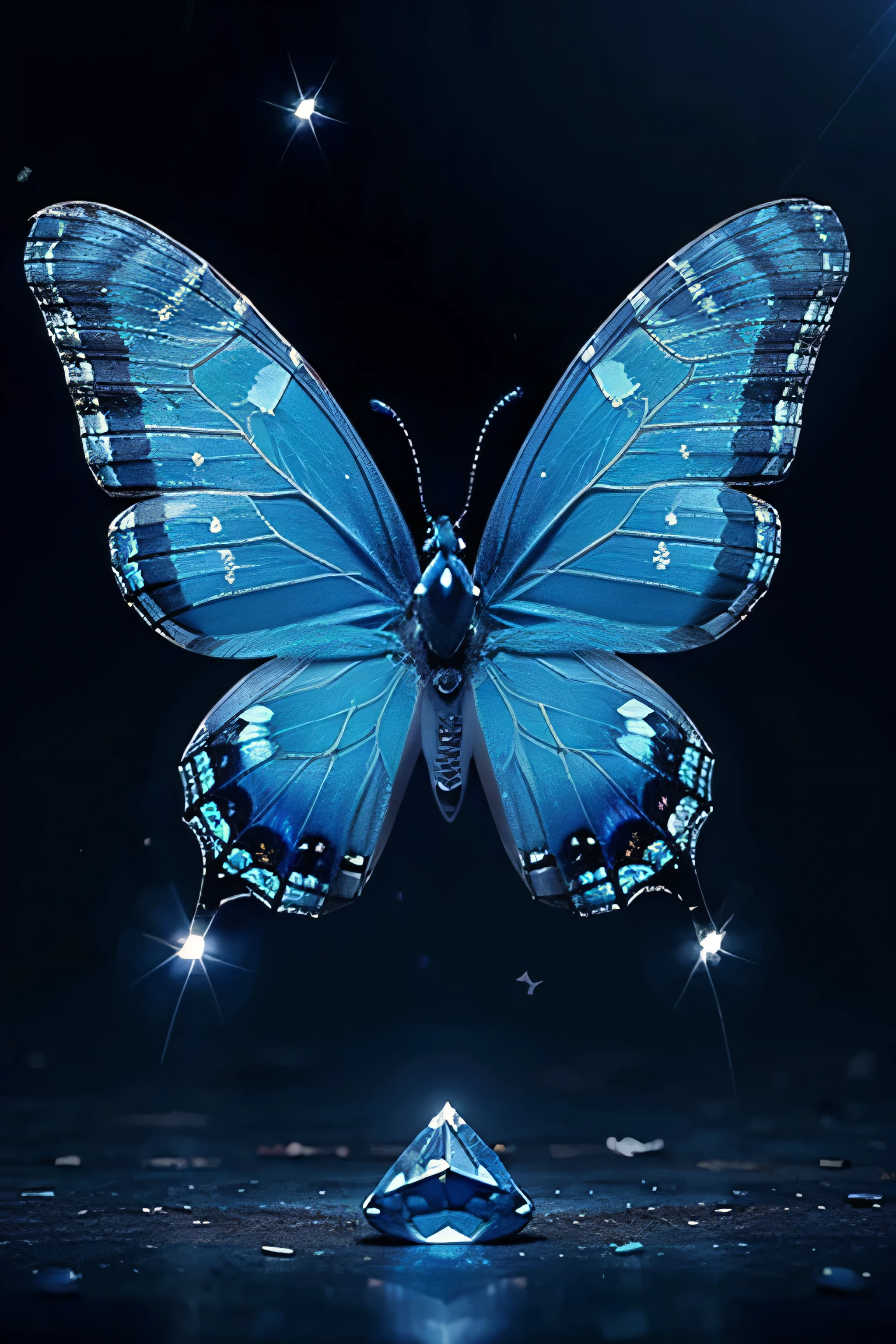 A blue butterfly perched delicately atop a sapphire, within which a star is subtly etched. The butterfly's vibrant wings shimmer against the gem's deep blue hue, creating a mesmerizing, almost magical scene.