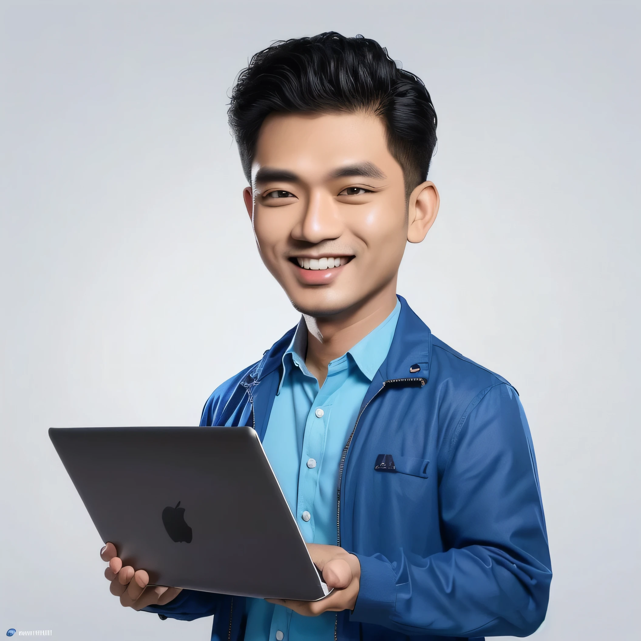 Karikatur 5D Kepala besar Pria wajah indonesia usia 22 tahun mengenakan kemeja biru dan jas biru dengan expresi tersenyum sambil memgang laptop
