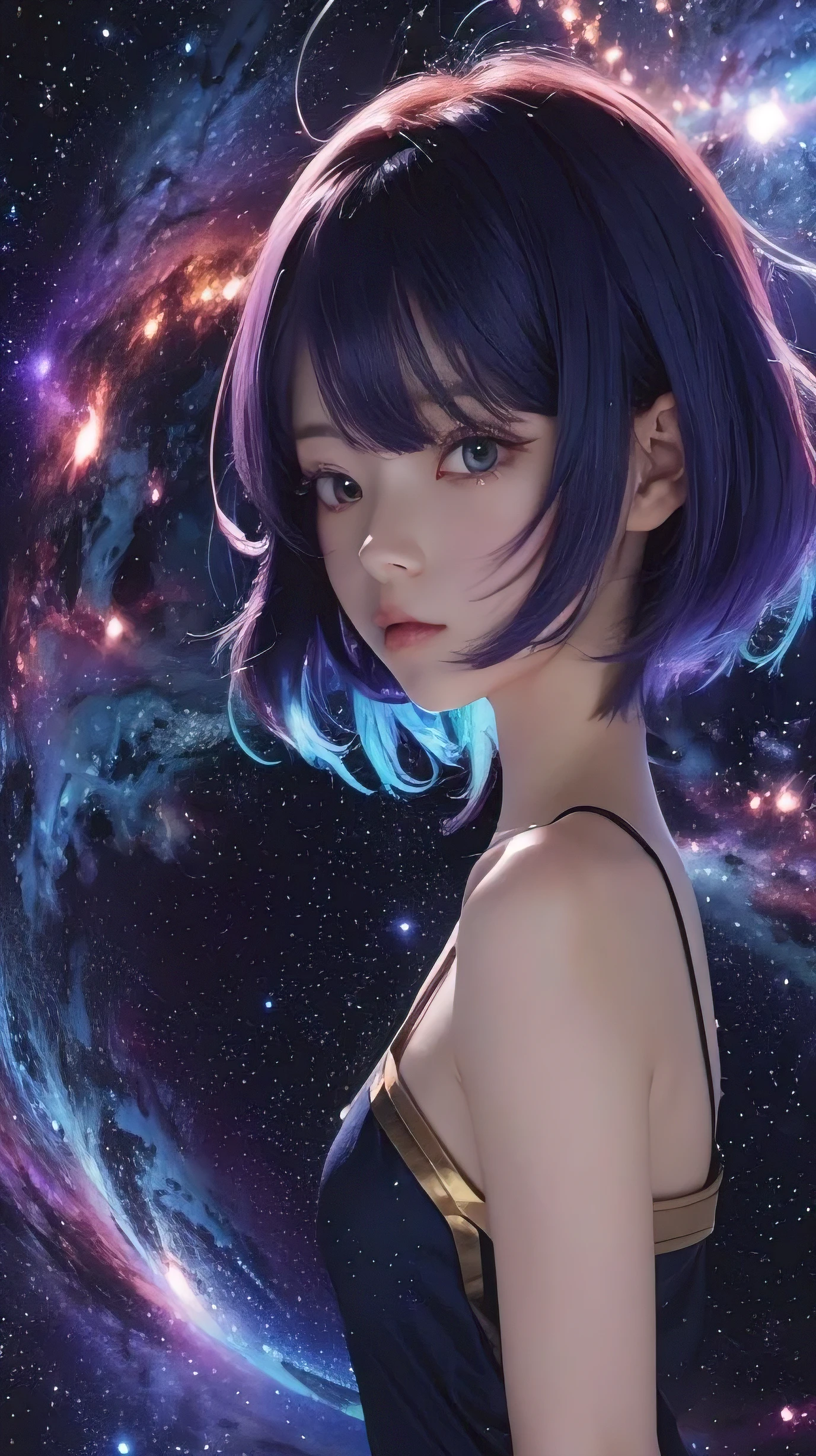 Anime girl with purple hair and blue eyes in front of a galaxy background, Picture of a space student anime girl, anime style 4 k, Anime girl with cosmic hair, Anime mo art style, Anime art wallpaper 4k, Detailed digital anime art, Anime art wallpaper 4k, Anime art wallpaper 8k, anime style. 8K, Anime wallpaper 4k, Anime wallpaper 4k