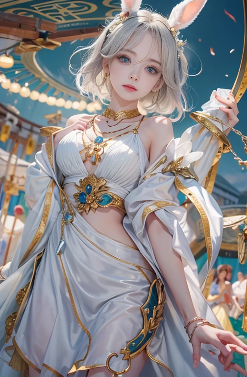 18-year-old, Wide-angle lens, Woman in ancient Greek costume、Woman enjoying merry-go-round at night,Shoulders out、thin、Serious expression、Short-haired、Deadly position, Gorgeous Necklace, Light milky porcelain skin, Smooth, Translucent white skin, Enchanting anime girl, Beautiful and seductive anime woman, Super realistic sweet bunny ears girl, Pale porcelain white skin, Smooth, Realistic and perfect body, Anime Girl Cosplay, Perfect body with realistic shadows, Switzerland'masterpiece, There is a real white rabbit. Red eyes and blue eyes