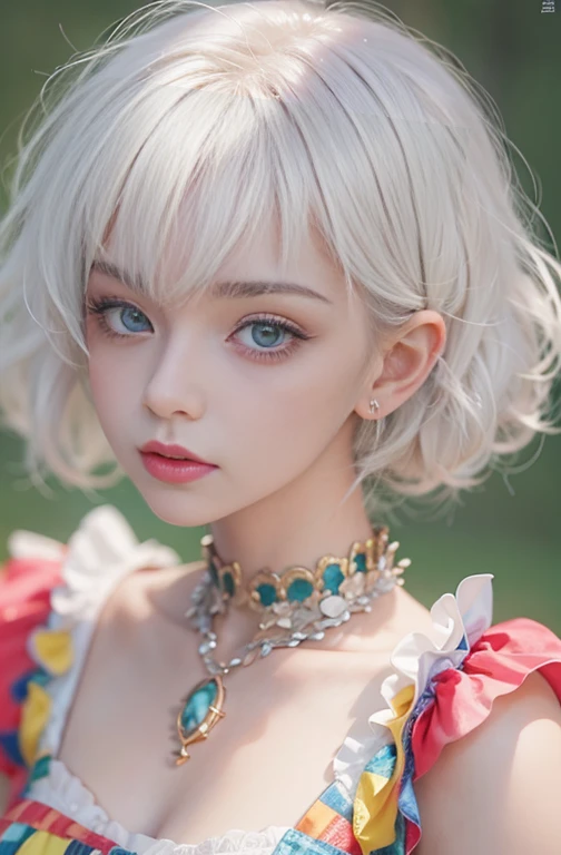 28 years old, Close-up portrait of a woman in a colorful clown costume、Shoulders out、thin、Serious expression、Short-haired、Deadly position, Gorgeous Necklace, Light milky porcelain skin, Smooth, Translucent white skin, Enchanting anime girl, Beautiful and seductive anime woman, Ultra realistic sweet bunny girl, Pale porcelain white skin, Smooth, Realistic and perfect body, Anime Girl Cosplay, Perfect body with realistic shadows, Switzerland'masterpiece