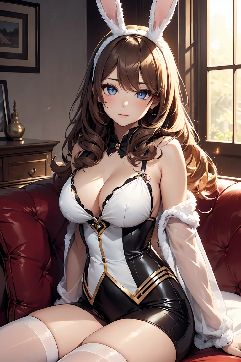 ((1 girl)), ((Bunny girl)),stockings, cushion, Sit on the sofa, cute,cute笑顔, Private room, Cowboy Shot,((Very detailed,highest quality, High resolution, 8k wallpaper, Beautiful clothes,)),((Light brown hair, Long Hair, Fluffy hair, Curly Hair)),eye shadow, eyeliner,Glow Eye, Very detailedな目, Complex eyes, Beautiful Eyes, ((Sparkling eyes)),