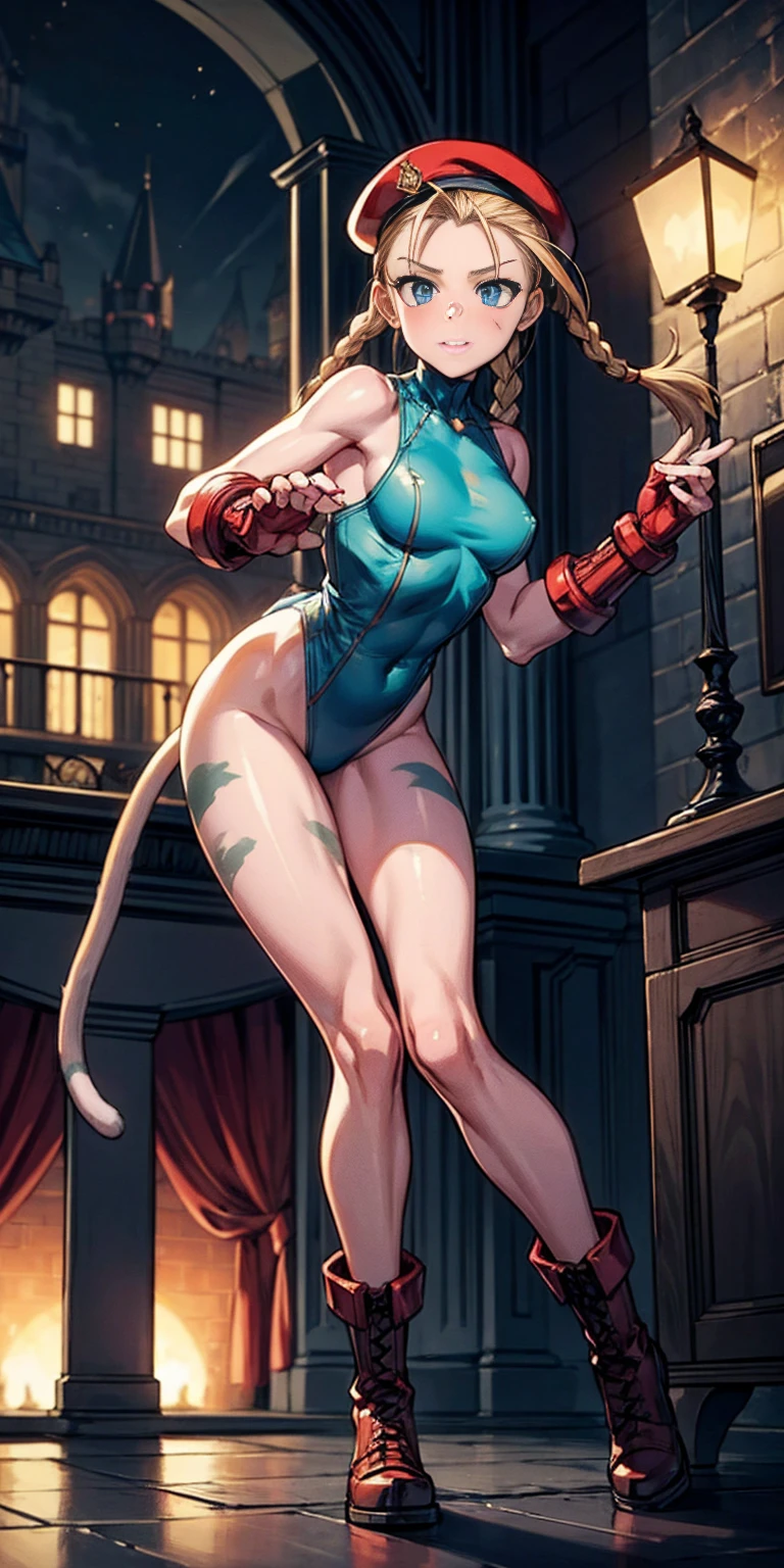 "(exquisitely detailed CG unity 8k wallpaper, masterpiece best quality with stunning realism, high res) (best illumination, best shadow) (elegant and demonic style:1.2) Arti modern anime, angled view, heroic pose, closeup full body portrait of stunningly beautiful mature cammy from street fighter, Cammy white, 2twins braids, long hair, blonde hair, antenna hair, beret, (red headwear:1.3), blue eyes, scar on cheek, green tight leotard, large breasts, sleeveless, red gloves, fingerless gloves, camouflage, hard, large ass, abs, a little muscular, revealing, depth of field blur effect, night, full zoom, action portrait, photorealistic. cinematic lighting, highly detailed. best quality, 4k, Better hand, perfect anatomy, leaning forward, foreshortening effects, coy flirty sexy expression, foreshortening effect (piercing eyes:0.8) surrounded by an ominous and dark atmosphere, accentuated by dramatic and striking lighting, imbued with a sense of surreal fantasy" (patting a small cat:1.5) wearing laced military boots:1.5) (inside an extravagant British castle at night:1.5) (happy and smiling:1) (crouching down:1)