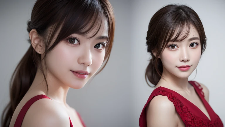 One Girl, (Wear trendy fashion:1.2), (RAW Photos, highest quality), (Realistic, Realistic:1.4), Tabletop, Very delicate and beautiful, Very detailed, 2k wallpaper, wonderful, In detail, Very detailedな CG Unity 8K 壁紙, Very detailedな, High resolution, Soft Light, Beautiful detailed girl, Looking into the camera、Very detailedな目と顔, Beautiful and detailed nose, Beautiful details, Long Hair, small, Red dress、White Background、Background is white、Cinema Lighting, Perfect Anatomy, Slender body, smile, 