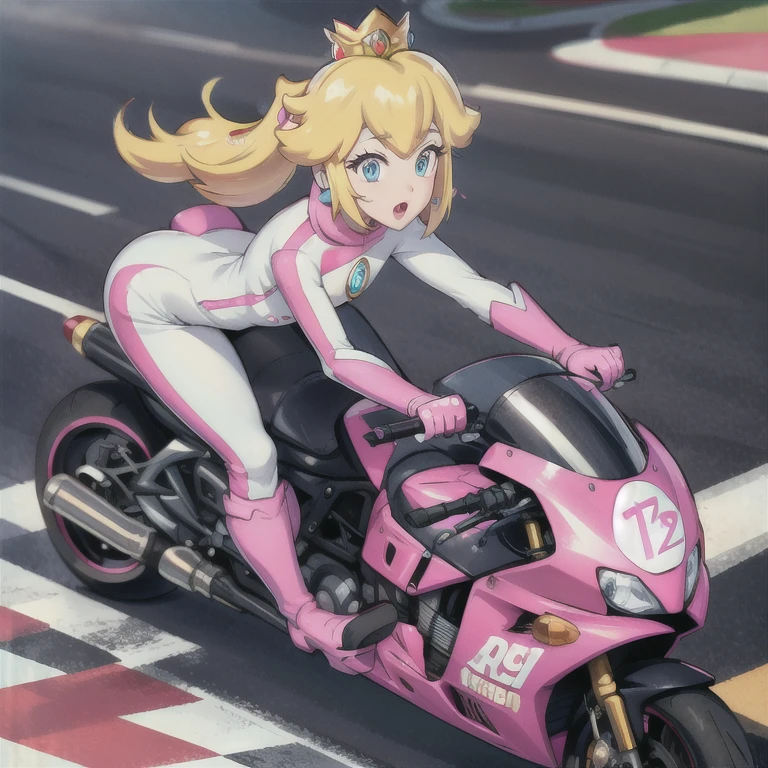 moterbike motorcycle riding , 1girl, princess_peach_mariokart_outfit, white and pink motorcycle suit, short blonde hair, bright blue eyes, wide hips, "Volumetric Lighting, Best Shadows, Shallow Depth of Field, (Highest Quality, Amazing Details:1.25), Brilliant Colorful Paintings", road action shot race outdoors zy48 ground_vehicle, motor_vehicle, motorcycle, road, shadow, traditional_media, vehicle_focus tires driveing 1girl, driving, ground_vehicle, motion_blur, motor_vehicle, motorcycle, motorcycle_helmet, on_motorcycle, open_mouth, riding, road, shirt, sunglasses, vehicle_focus
