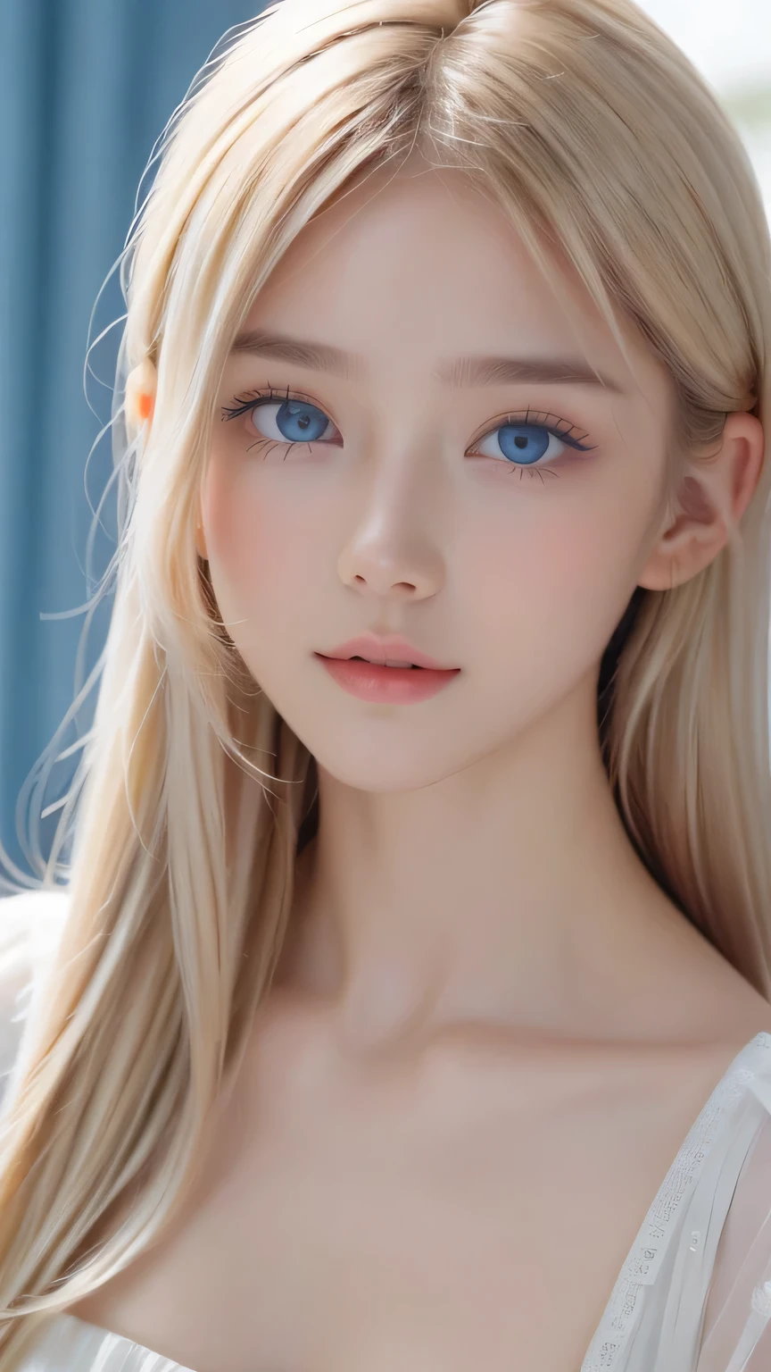 Beautiful white and shining skin、Blonde hair that changes color depending on the light、Bangs between eyes obstruct vision、Shiny highlights on the cheeks、Sexy, very beautiful, lovely, cute, gorgeous face、The most beautiful face in the world、Super long and gorgeous blonde hair、Super long and smooth super long straight hair、Big Breasts, Very large, Beautiful sparkling bright blue eyes、Beautiful Bangs、Beautiful cute girl.Small Face Beauty、Cheek Gloss Highlighter、Round face