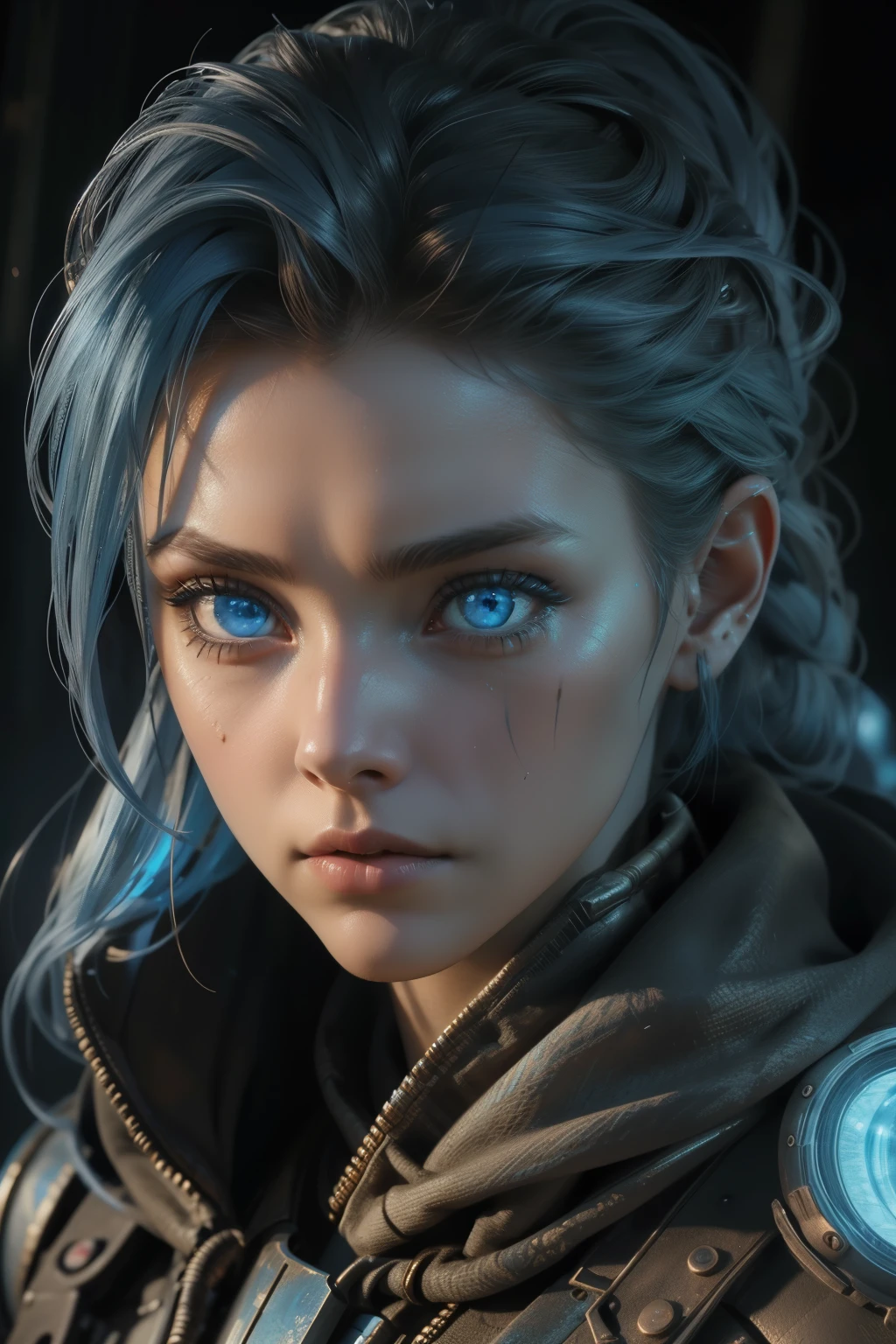 Female representation of the apocalypse, beautiful, piercing blue eyes, hyperdetailed, photorealistic, post apocalyptic background, volumetric lighting, 4k