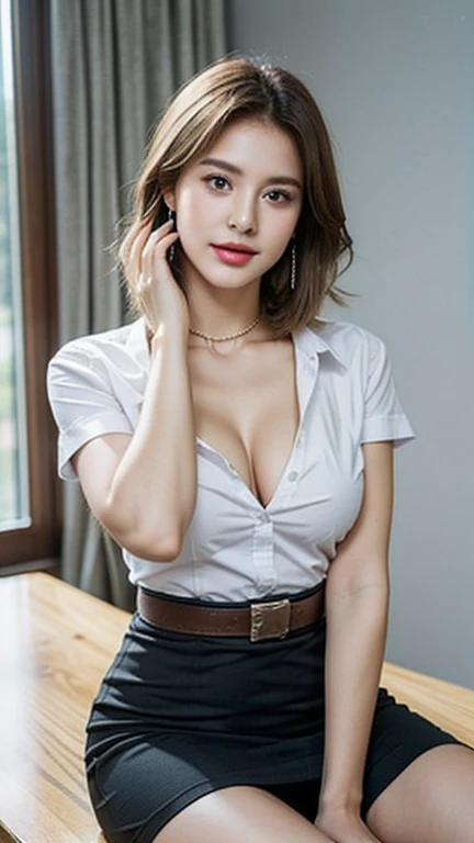 (8K high definition masterpiece, only the best quality.. complicated details Chromatic aberration) As a matter of fact ((small breasts)) hair in one eye, purple eyes, round hoop earrings, sharp eyes, Diamond choker ( symmetrical eyes) (Perfect symmetrical body;) The photos of the 21-year-old age girl are stunning..(Fittings) Beautiful and charming with contemporary fashion paintings as well......looking at the audience, Take photos from a knee-high perspective.. ((Behind the scenes of a large classroom)), (black short skirt) , ((The young woman wore a white short-sleeved shirt with a wide open neck and deep cleavage., Revealing her breasts. Unbuttoning shirt, The shirt is open., Revealing her cleaved breasts..)) ( ( black short pencil skirt Deep cut on the side,Sit with your legs open.)) Square head leather belt ((Put your hands down.)) Golden blonde bob, short hair, bangs to the side. copper blonde hair Sharp eyeliner, eyelid, smile, Blush, Thick eyelashes, Very delicate and beautiful. round chin, Sharp focus. Sit with your V-shaped legs wide open., One leg is higher than the other., spread apart... dynamic poses,The breast is soft..,Sagging breasts