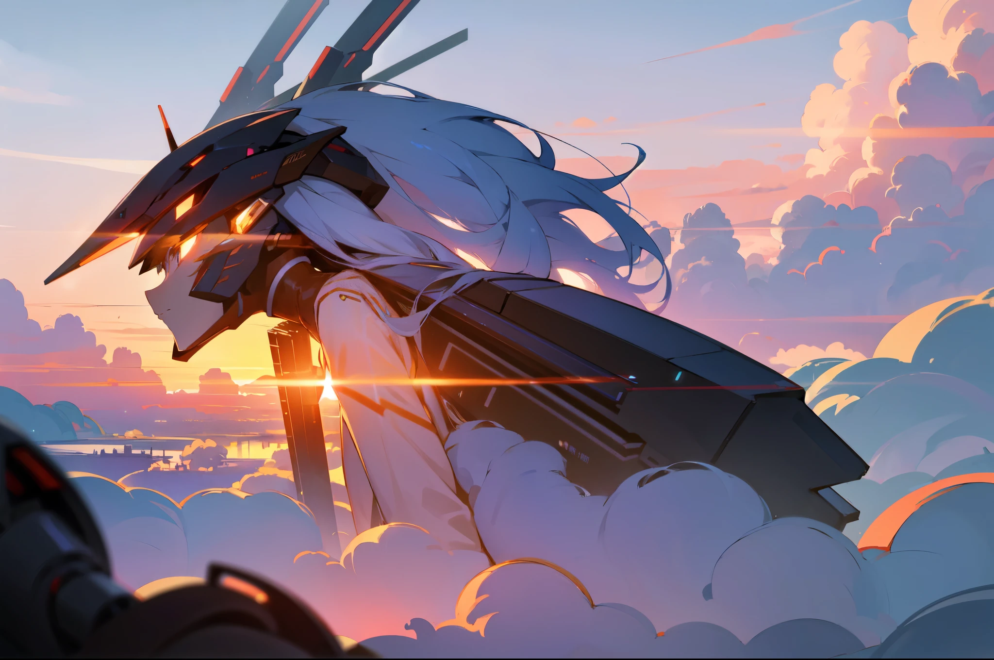 anime girl, cyber ronin, mecha, long hair, cool, sea of clouds, sunset, absurdly detailed, 8k, beautiful, high quality, wallpaper,