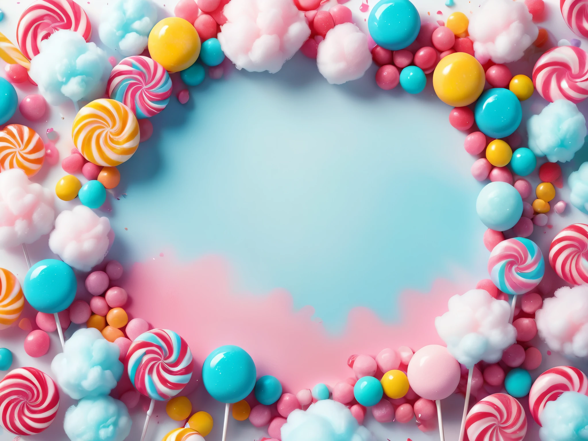 Beautiful candy frame, set against a backdrop of cotton candy. on a White background, illustration design, flat design, Styles 3D and pop toy render, detailed, vibrant shades of color, soft palette, watercolor splashes, flat design, ethereal,4k