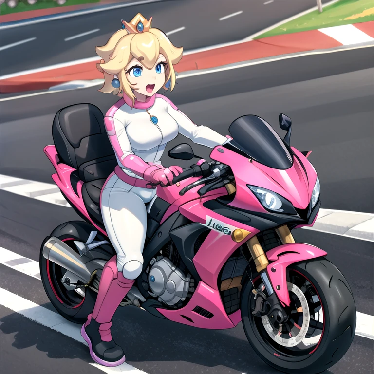 moterbike motorcycle riding , 1girl, princess_peach_mariokart_outfit, white and pink motorcycle suit, short blonde hair, bright blue eyes, wide hips, "Volumetric Lighting, Best Shadows, Shallow Depth of Field, (Highest Quality, Amazing Details:1.25), Brilliant Colorful Paintings", road action shot race outdoors zy48 ground_vehicle, motor_vehicle, motorcycle, road, shadow, traditional_media, vehicle_focus tires driveing 1girl, driving, ground_vehicle, motion_blur, motor_vehicle, motorcycle, motorcycle_helmet, on_motorcycle, open_mouth, riding, road, shirt, sunglasses, vehicle_focus
