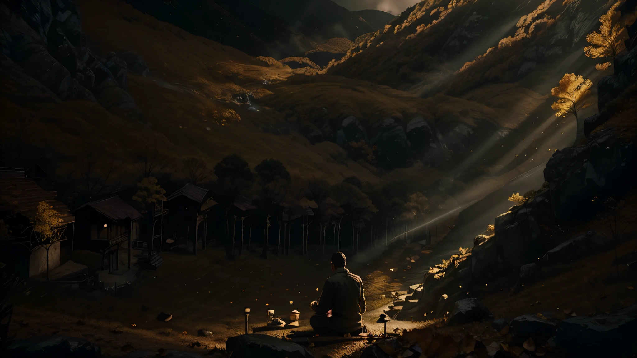pessoa meditando. Belo landscape de floresta, with fallen leaves. cinematic lighting
