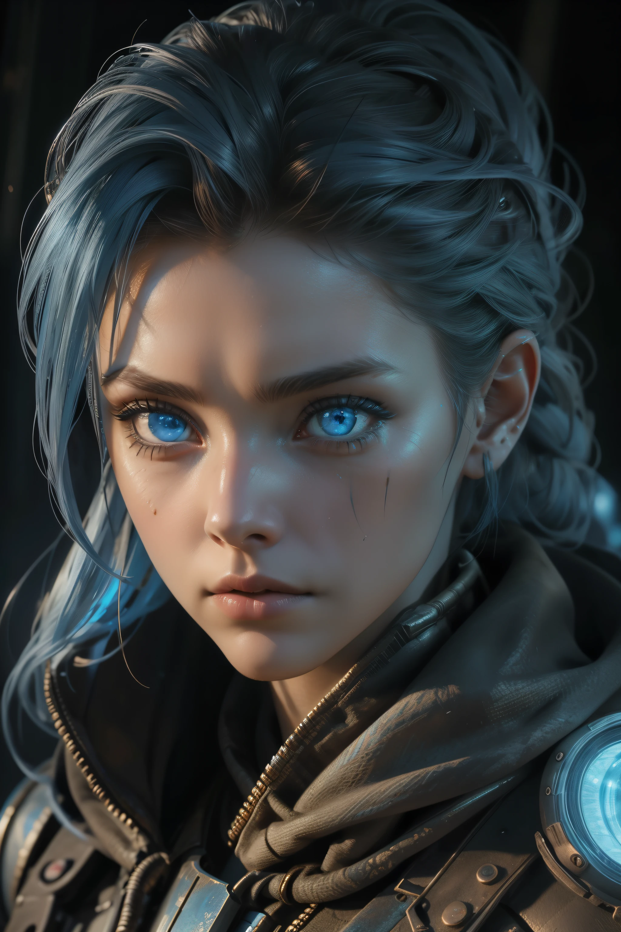 Female representation of the apocalypse, beautiful, piercing blue eyes, hyperdetailed, photorealistic, post apocalyptic background, volumetric lighting, 4k