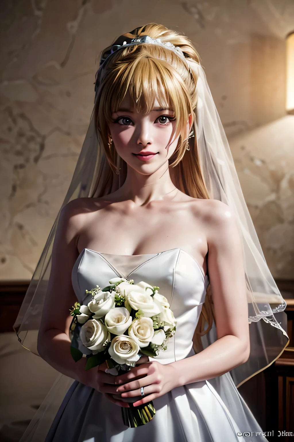 (masterpiece, top quality, best quality, official art, beautiful and aesthetic:1.2), (1girl:1.3), extremely detailed, official artstyle, highest detailed, parted lips,wallpaper, long hair, beautiful violet eyes, beautiful blonde hair, ponytail hairstyle, bangs, (happiness, beautiful smile, happy expression, happy face), ((Wedding dress, chies, Bridal veil, Wedding, Bouquet)),(cowboy shot), holding a flower