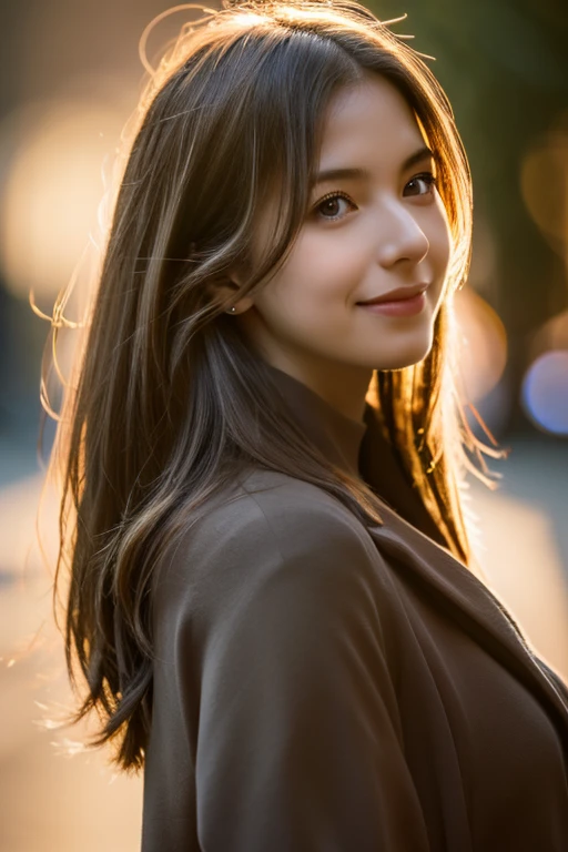 Realistic portrait, female subject, gazing directly into the camera, cascading chestnut hair, subtle smile, ambient backlighting highlighting her silhouette, soft bokeh background in muted tones, high resolution, ultra realistic, golden hour light highlights, cinematic.
