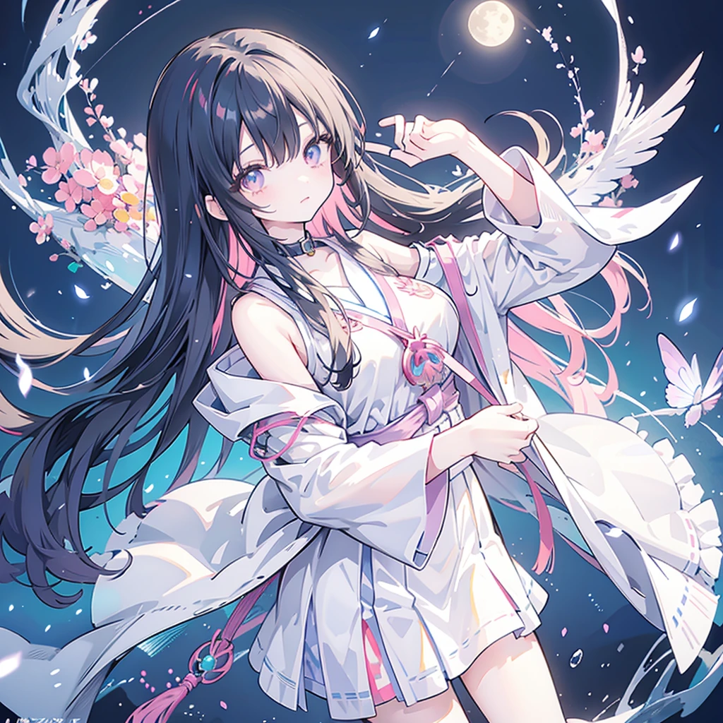 anime、Vibrant colors、Cool beauty、、Black Hair、Long Hair、Straight Hair、The bangs are cut above the eyebrows、Narrow eyes、Slanted Eyes、Bright eyes、Sharp Eyes、Sparkling eyes、Large Breasts、Night Sky、full moon、Looking up at the sky、Miko costume、summer、forest、river、100 fireflies flying around