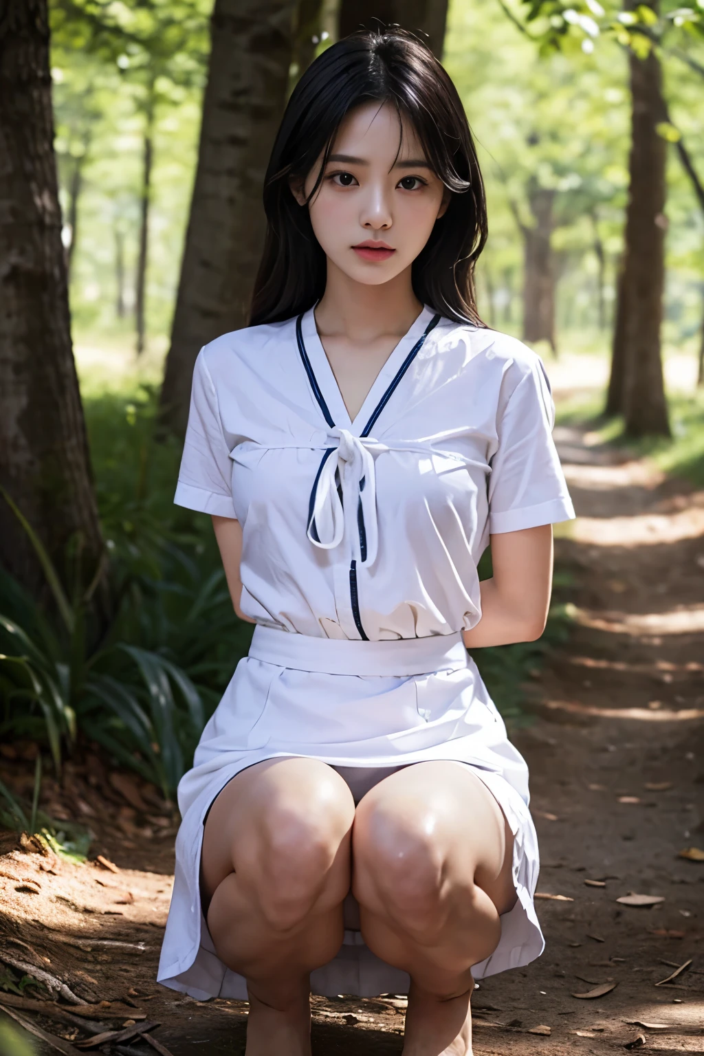 8k, Raw photo, highest quality, masterpiece:1.2), masterpiece, highest quality, figure, Very detailed, Fine details, High resolution, 8k,wallpaper, Perfect dynamic composition,(Detailed high quality, Realistic depiction of eyes:1.3)、A woman who has been and has her hands tied、Arms wrapped around his back、Crouching with legs apart on a forest path、White panties are visible、Facing forward、21talent、Beauty、Well-formed face、Make your eyes even、Beautiful black hair、Has bangedium build、Well-balanced proportions、Beautiful legs、Short sleeve blouse、Long skirt、Sad face、Beautiful scenery、