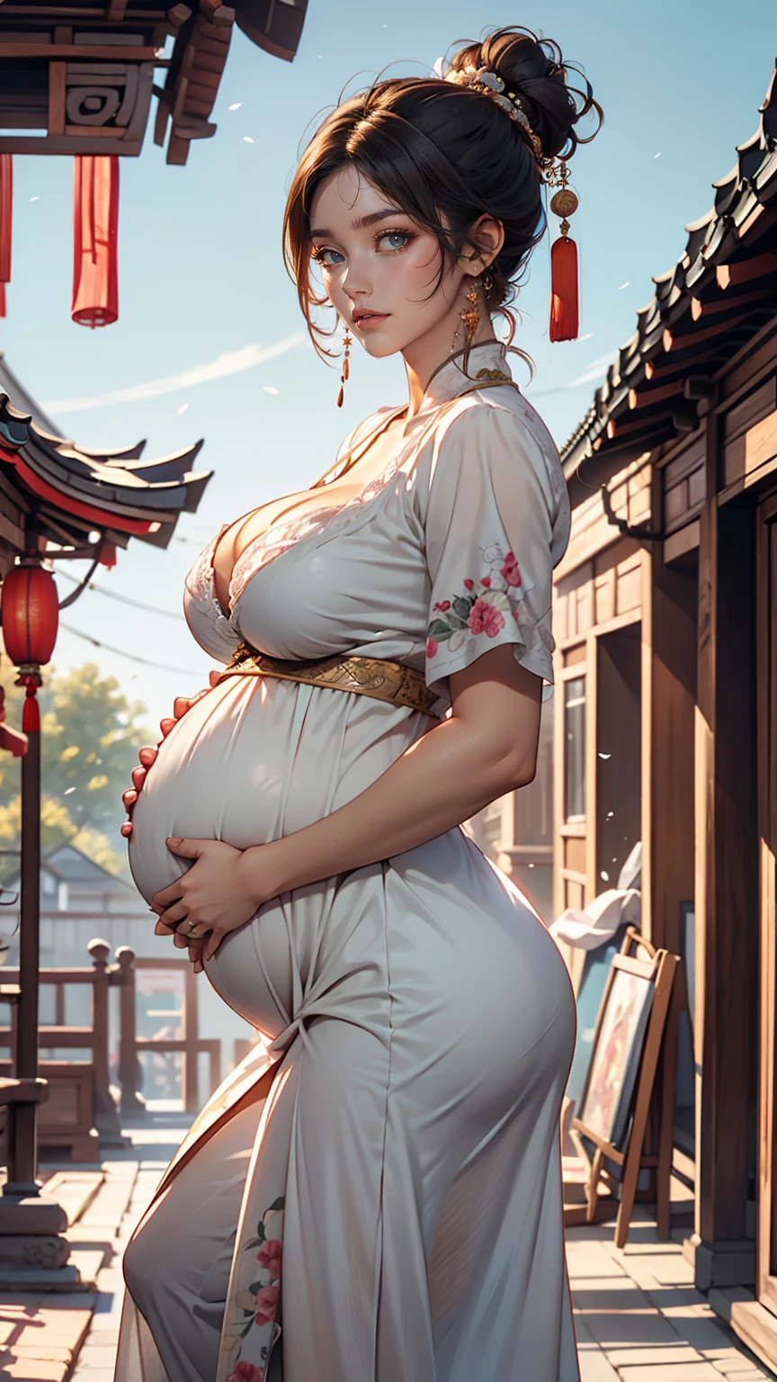 {{masterpiece, highest quality, Highly detailed CG, unity 8k wallpaper, Cinema Lighting}}, Traditional Chinese Ink Painting, One girl, whole body, Pregnant women、Big belly、ancient architecture, blue sky, sunny day, wooden building, Famous protagonists, smile, Big eyes, Beautiful fine details, (Big Breasts, Cleavage), Round ass, Looking at the audience, Long eyelashes,Breasts swollen with breast milk