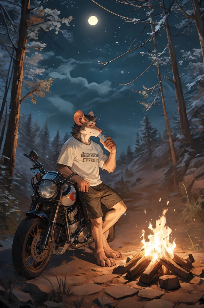 handsome male, rat, tall slinky semi muscular build, light silver long messy fringe, ((best quality)), ((masterpiece)), (detailed), perfect face, silver fur, gold eyes, detailed eyes , large baggy white t-shirt, mysterious, black shorts, black sports motorcycle, forest, campfire, night, leaning against motorcycle, drinking from glass bottle