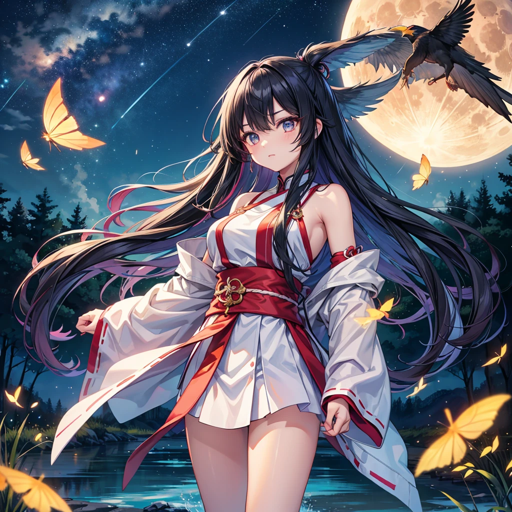 anime、Vibrant colors、Cool beauty、17 years old、Black Hair、Long Hair、Straight Hair、The bangs are cut above the eyebrows、Narrow eyes、Slanted Eyes、Bright eyes、Sharp Eyes、Sparkling eyes、Large Breasts、Night Sky、full moon、Looking up at the sky、Miko costume、summer、forest、river、100 fireflies flying around