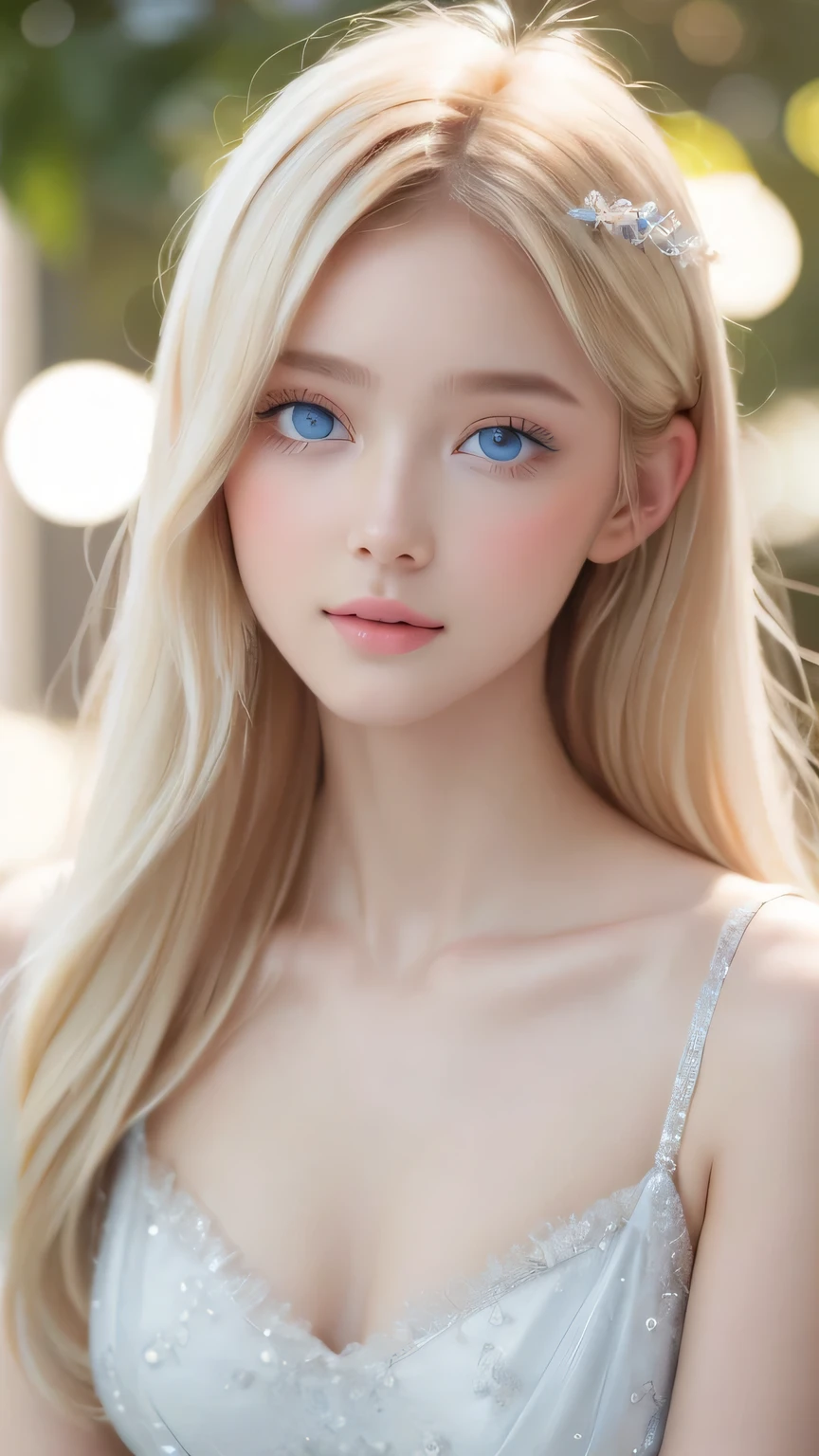 Beautiful white and shining skin、Blonde hair that changes color depending on the light、Bangs between eyes obstruct vision、Shiny highlights on the cheeks、Sexy, very beautiful, lovely, cute, gorgeous face、The most beautiful face in the world、Super long and gorgeous blonde hair、Super long and smooth super long straight hair、Big Breasts, Very large, Beautiful sparkling bright blue eyes、Beautiful Bangs、Beautiful cute girl.Small Face Beauty、Cheek Gloss Highlighter、Round face