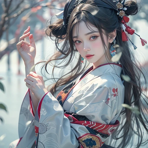 (Award-winning masterpiece, Very detailed, Texture and maximum detail), (Surreal:1.4), (stunningly anatomically perfect and beautiful style:1.9), (Transparent white skin and the highest quality realistic texture:1.8), (Yuki-onna in Japanesefolk tales:1.6), (Accurate perfect circle, Symmetrical pitch black eyes), (detailed and breathtakingly beautiful face:1.6), (Aesthetic and decadent atmosphere:1.7), (Calm, Traditional Japanese kimono that covers the whole body、that'place々Corrupted, Elegant and delicate pattern:1.8), (Pale skin, but、White skin and face:1.6), (beautiful, Shiny hair blown by the wind:1.8), (Oiran's Hyogomage:0.6), (Decadent attire, Delicately crafted accessories:1.8), (Fallen Beauty:1.6), (Pitch black eyes that seem to glow from within:1.7), (Less exposed skin), (The strong moonlight shines from above:1.7), ((Dramatic Photos)), ((Cinematic light)), (look up), (Looking down), (Dramatic Pose), (Smoke effects and mesmerizing lights:1.4), (Bamboo forest behind:0.3), Amida Hall in the back, Vermilion torii gate(fog:1.3), Wind effects, Swirling Snow, Winter Storm, wind and rain, (fogが漂う:1.3), Snowstorm Ice Field, A quiet snowy field illuminated by moonlight, Midnight in a snowy town, (Dark Night, Full moon night, Crescent Moon Night), Spectacular and realistic, Faded, ((Neutral Tones)), art, (High resolution:1.5), (Calm colors:1.2), Very detailed, (artstation:1.5), Cinematic, Warm Light, Light effects, Dramatic Light, (Intricate details:1.1), Complex background, (Greg Rutkowski:0.8), (blue green and orange:0.4)