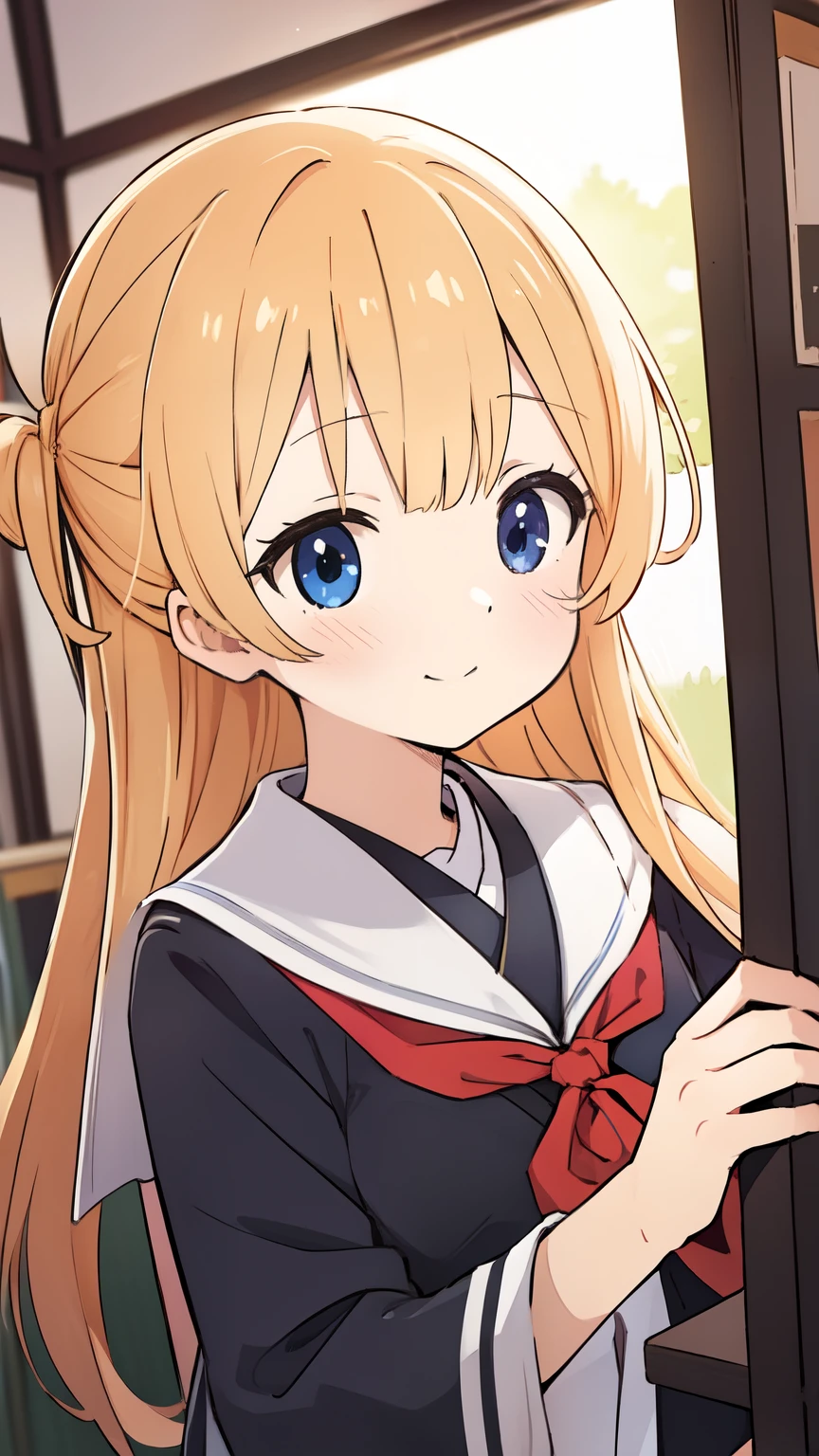 Kyoto anime studio style, pretty and cute friendly school girl