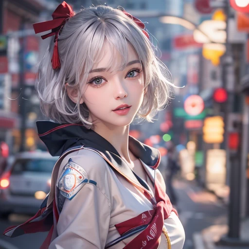 (masterpiece:1.3), (8k, Realistic, RAW Photos, Best image quality: 1.4), Fair-skinned fairy woman、short hair、Cleavage:2.0、Highly detailed face、Attention to detail、double eyelid、Sharp focus:1.2、Beautiful woman:1.4、Silvery white hair、highest quality、masterpiece、Ultra-high resolution、(Realistic:1.4)、Highly detailed and professionally lit smiles、Loose, Light, Wearing a Japanese high school uniform:1.5、Red scarf、 one person、whole body,Cycling through Japanese cities、