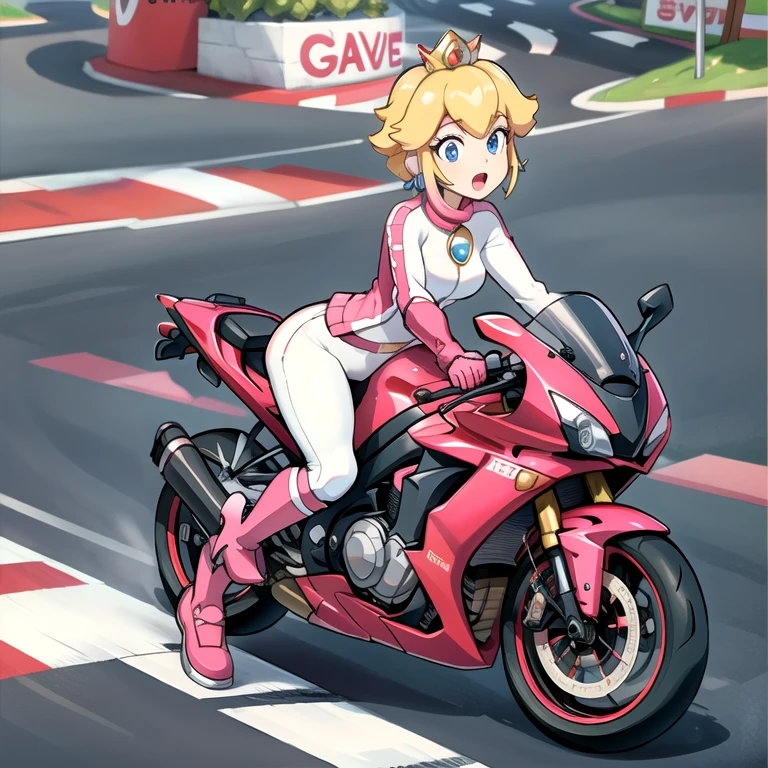 moterbike motorcycle riding , 1girl, princess_peach_mariokart_outfit, white and pink motorcycle suit, short blonde hair, bright blue eyes, wide hips, "Volumetric Lighting, Best Shadows, Shallow Depth of Field, (Highest Quality, Amazing Details:1.25), Brilliant Colorful Paintings", road action shot race outdoors zy48 ground_vehicle, motor_vehicle, motorcycle, road, shadow, traditional_media, vehicle_focus tires driveing 1girl, driving, ground_vehicle, motion_blur, motor_vehicle, motorcycle, motorcycle_helmet, on_motorcycle, open_mouth, riding, road, shirt, sunglasses, vehicle_focus
