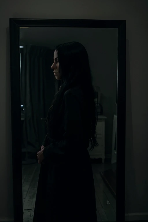 /imagine prompt: A ghostly figure of a woman with long black hair standing in front of a mirror in a dark room, with a cold, eerie atmosphere.