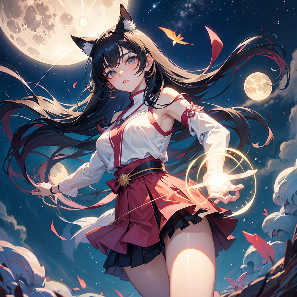 anime、Vibrant colors、Cool beauty、17 years old、Black Hair、Long Hair、Straight Hair、The bangs are cut above the eyebrows、Narrow eyes、Slanted Eyes、Bright eyes、Sharp Eyes、Sparkling eyes、Large Breasts、Night Sky、full moon、Looking up at the sky、Miko costume、summer、forest、river、100 fireflies flying around