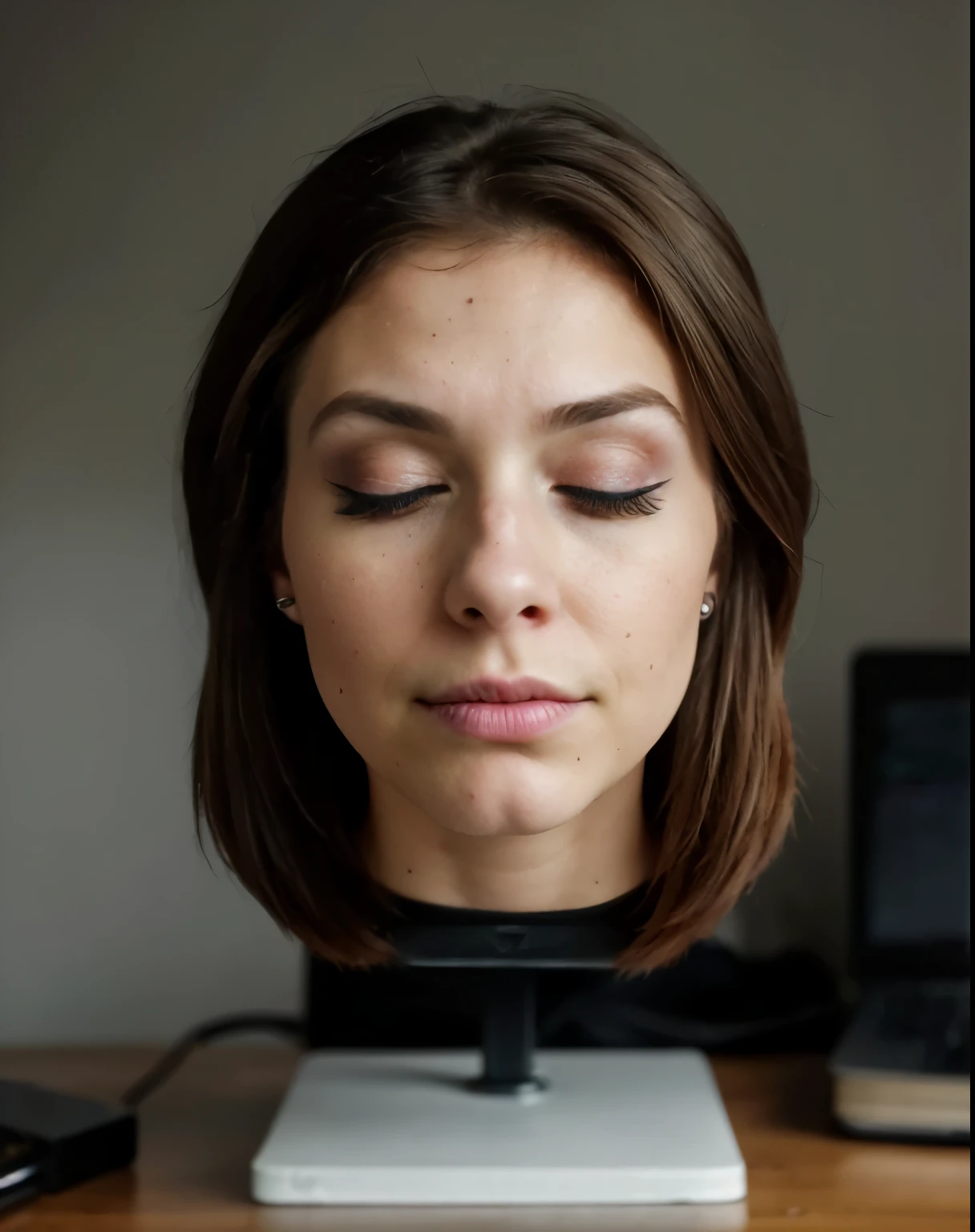 ((disembodied head on desk stand)), (Brittany McConnell), cute 21 yo, wearing makeup, highly detailed skin texture, (eyes closed), (realistic), realistic lighting, (best image, best quality)