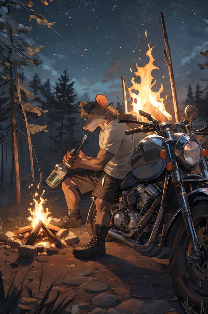 handsome male, rat, tall slinky semi muscular build, light silver long messy fringe, ((best quality)), ((masterpiece)), (detailed), perfect face, silver fur, gold eyes, detailed eyes , large baggy white t-shirt, mysterious, black shorts, black sports motorcycle, forest, campfire, night, leaning against motorcycle, drinking from glass bottle