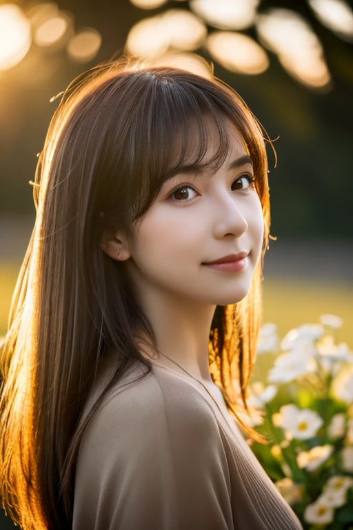 Realistic portrait, female subject, gazing directly into the camera, cascading chestnut hair, subtle smile, butterfly, flowers, ambient backlighting highlighting her silhouette, soft bokeh background in muted tones, high resolution, ultra realistic, golden hour light highlights, cinematic.