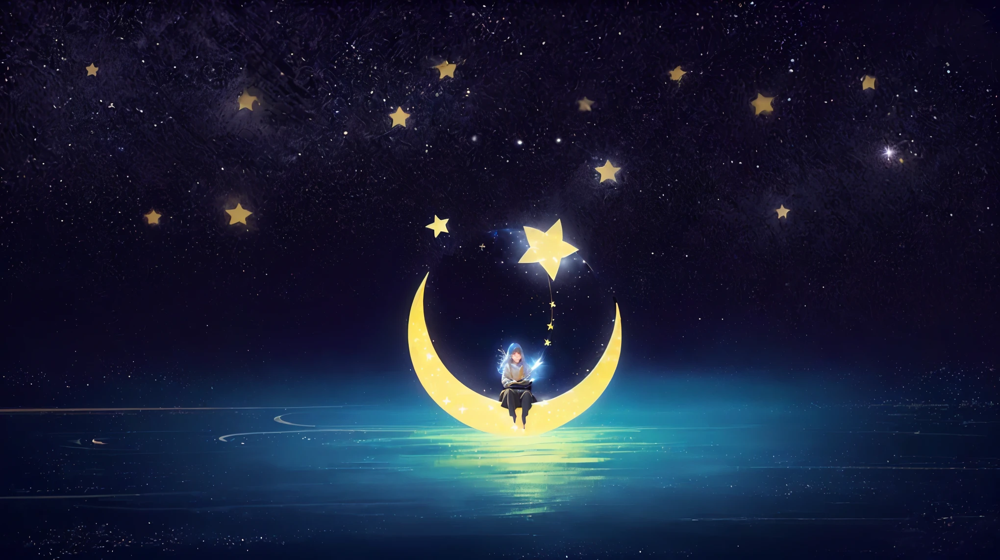 a person sitting on a crescent with a star in the sky, themed on the stars and moon, the moon and stars, floating among stars, float under moon light at night, calm night. digital illustration, moon and stars, sitting on a moon, moon light fish eye illustrator, with stars, in the moon, dreamy illustration, cute illustration