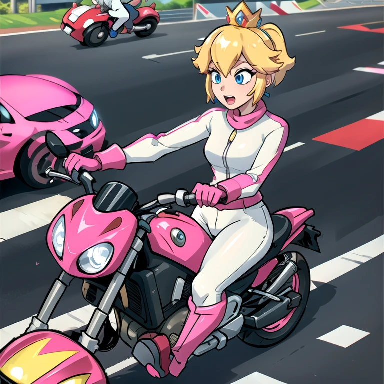 moterbike motorcycle riding , 1girl, princess_peach_mariokart_outfit, white and pink motorcycle suit, short blonde hair, bright blue eyes, wide hips, "Volumetric Lighting, Best Shadows, Shallow Depth of Field, (Highest Quality, Amazing Details:1.25), Brilliant Colorful Paintings", road action shot race outdoors zy48 ground_vehicle, motor_vehicle, motorcycle, road, shadow, traditional_media, vehicle_focus tires driveing 1girl, driving, ground_vehicle, motion_blur, motor_vehicle, motorcycle, motorcycle_helmet, on_motorcycle, open_mouth, riding, road, shirt, sunglasses, vehicle_focus
