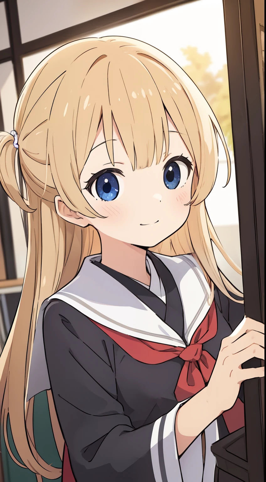 Kyoto anime studio style, pretty and cute friendly school girl, dark hair,shorter hair