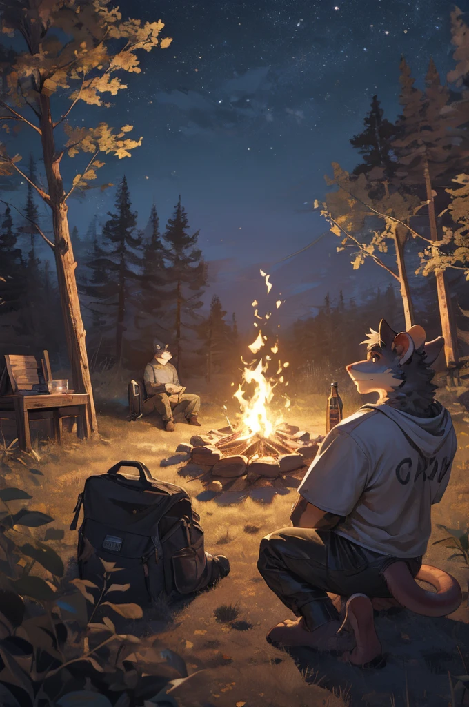 handsome male, rat, tall slinky semi muscular build, white long messy fringe, ((best quality)), ((masterpiece)), (detailed), perfect face, silver fur, gold eyes, detailed eyes , large baggy white t-shirt, mysterious, black shorts, black sports motorcycle, forest, campfire, night, leaning against motorcycle, drinking from glass bottle