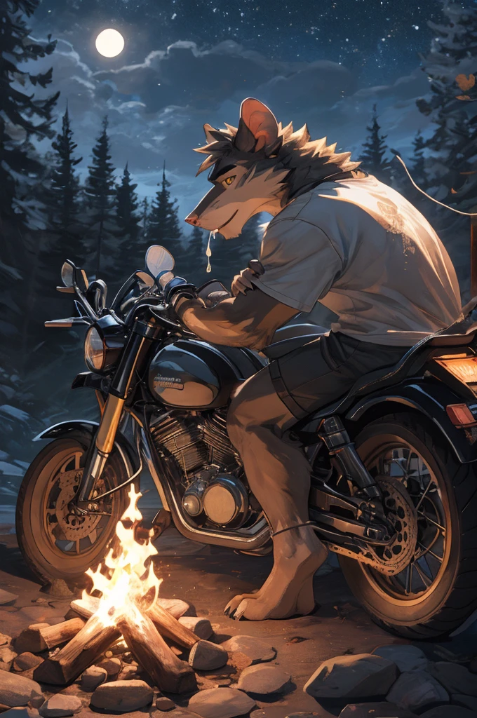 handsome male, rat, tall slinky semi muscular build, white long messy fringe, ((best quality)), ((masterpiece)), (detailed), perfect face, silver fur, gold eyes, detailed eyes , large baggy white t-shirt, mysterious, black shorts, black sports motorcycle, forest, campfire, night, leaning against motorcycle, drinking from glass bottle