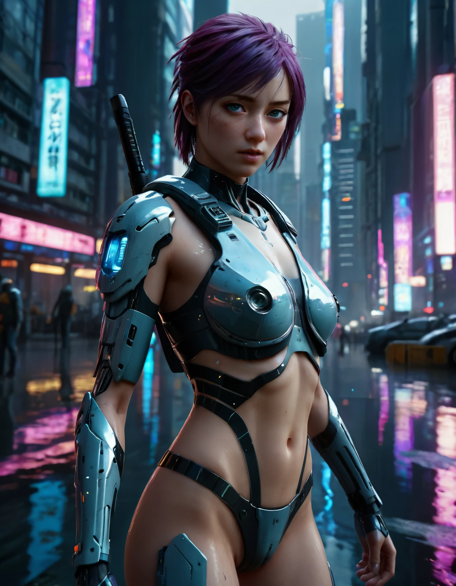 best quality,highres,ultra-detailed,realistic,female cyborg with vibrant purple hair,vivid colors,physically-based rendering,sharp focus,Kusanagi Motoko,full-body cybernetic enhancement,sleek metallic skin,glowing blue cybernetic eyes,athletic build,black tactical suit,standing in a dark futuristic city,intensely detailed facial expressions,futuristic holographic display on her forearm,chrome body armor,night vision optics,imposing presence,low-angle shot,high-tech weaponry,reflective surfaces,contrasting shadows,neon lights,cityscape with towering skyscrapers,heavy rain and flying debris,humans with augmented reality implants,hovering police drones,blurred motion effects,electric blue color palette,gritty and cyberpunk atmosphere,dynamic action pose with a katana,emerging from the shadows,imposing her power and authority.