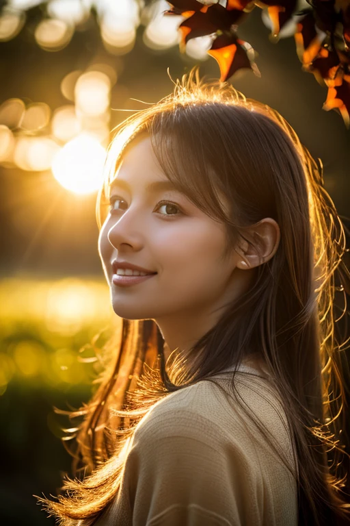 Realistic portrait, female subject, gazing directly into the camera, cascading chestnut hair, subtle smile, butterfly, flowers, ambient backlighting highlighting her silhouette, soft bokeh background in muted tones, high resolution, ultra realistic, golden hour light highlights, cinematic.
