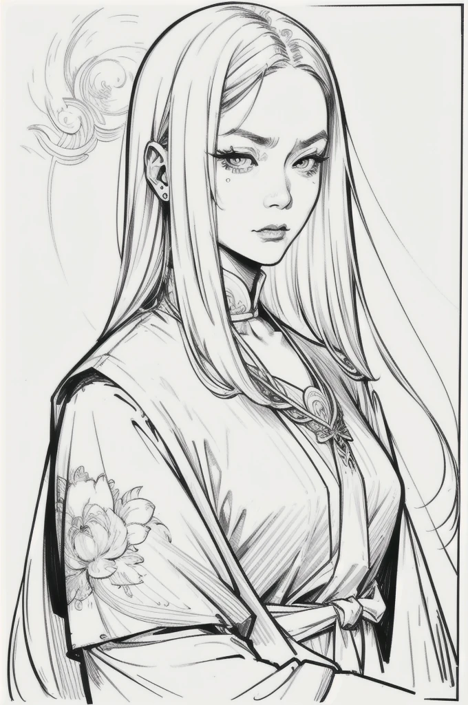 Drawing of a mature woman, realistic portrait, goth asian girl, white long hair and outfits, mad face, horror look. Best lineart, clean flat lineart, Black and white monochrome, thin pen lines. No colors or shading. Flat white background
