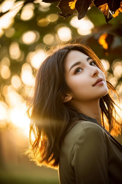Realistic portrait, female subject, gazing directly into the camera, cascading chestnut hair, subtle smile, butterfly, flowers, ambient backlighting highlighting her silhouette, soft bokeh background in muted tones, high resolution, ultra realistic, golden hour light highlights, cinematic.