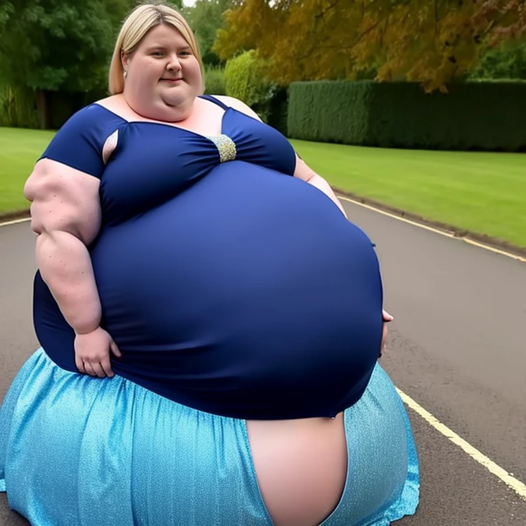 Extremely Hyperpregnant British woman with huge belly wearing a dress