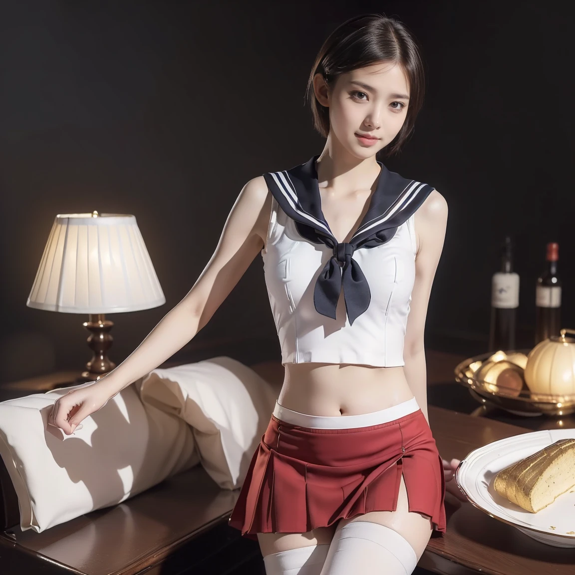 ((((8k))),((Extremely detailed CG)) ,(wallpaper),16k,((Very sophisticated and beautiful))，(((masterpiece))),(((highest quality))),(((超High resolution))),Beautiful lighting,Perfect Lightning,Realistic shadows,[High resolution],(Smooth and perfect white skin:1.5),(Pale skin:1.3),Extremely detailed facial details,(Perfect body:1.1),Super detailed,Beautiful woman,alone,Small Head,ponytail、(Short Hair:1.5),Small face,Exquisite makeup,(Medium chest,Small waist:1.1),slim,thin,Happy,(smile:1.0),(Thin legs:1.1),(whole body:1.1),(Gaunt:1.1 ), (Skinny:1.1),(Tight sailor suit,Close-fitting clothing,skindentation,belly button:1.4),((Plate skirt,Red short skirt:1.4))((Fleet Collection,Kantai Collection,Yao:1.2)),((Black knee-high socks:1.2))