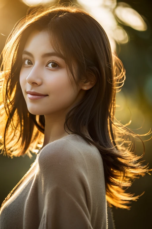 Realistic portrait, female subject, gazing directly into the camera, cascading chestnut hair, subtle smile, butterfly, flowers, ambient backlighting highlighting her silhouette, soft bokeh background in muted tones, high resolution, ultra realistic, golden hour light highlights, cinematic.