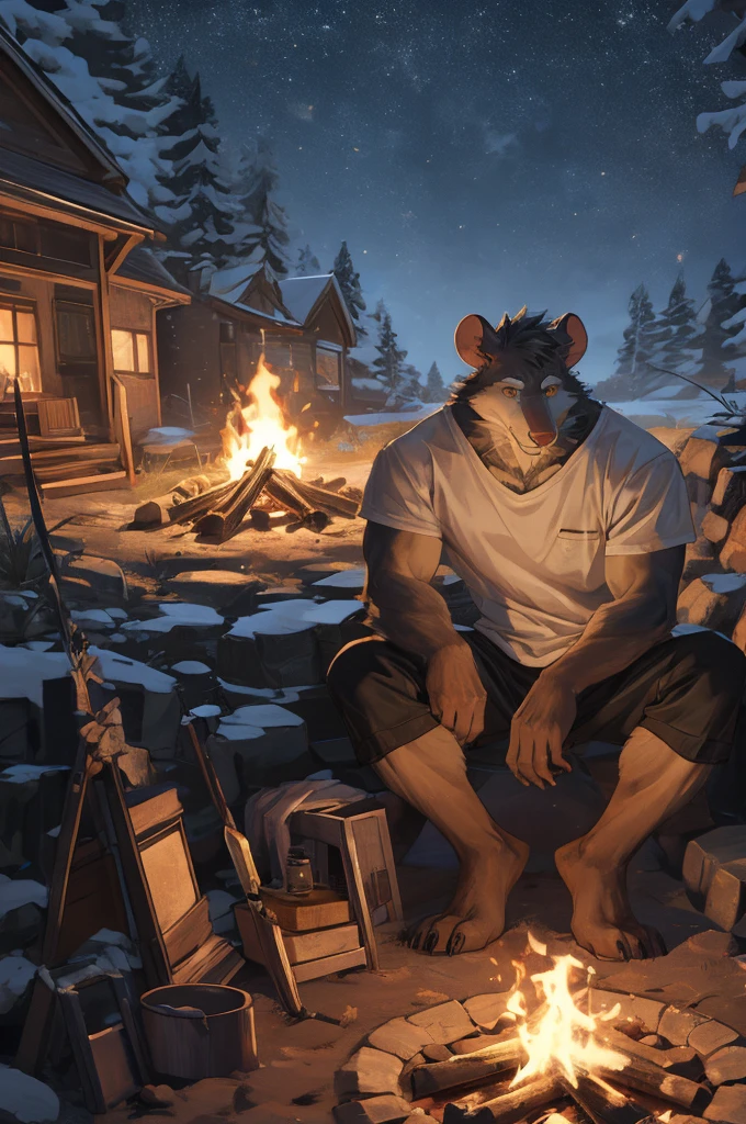 handsome male, rat, tall slinky semi muscular build, white long messy fringe, ((best quality)), ((masterpiece)), (detailed), perfect face, silver fur, gold eyes, detailed eyes , large baggy white t-shirt, mysterious, black shorts, , forest, campfire, night, drinking from glass bottle