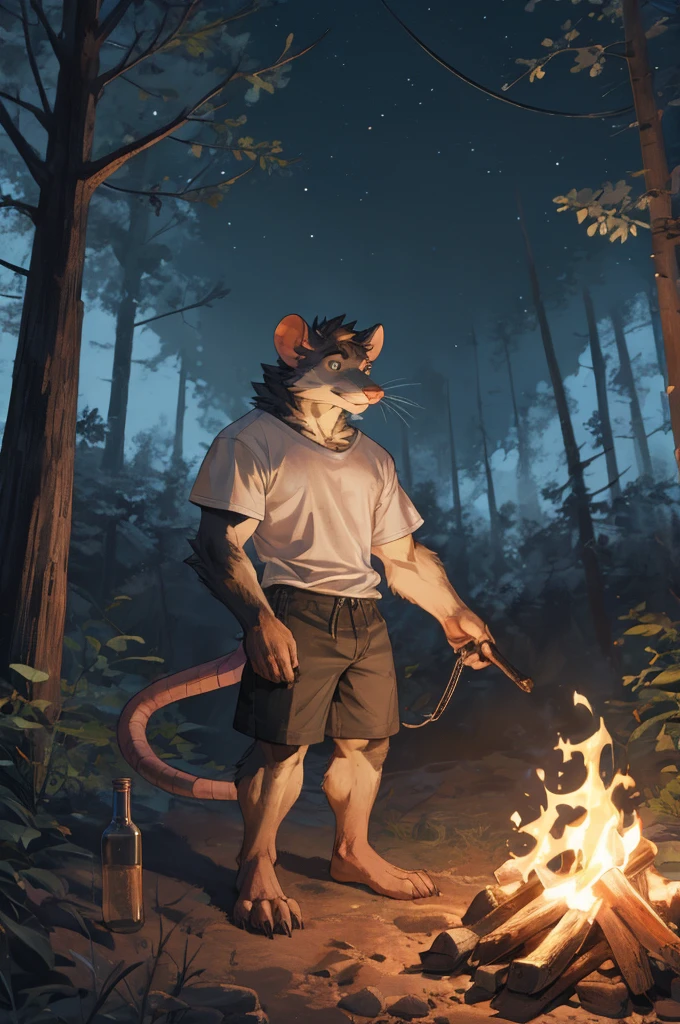 handsome male, rat, tall slinky semi muscular build, white long messy fringe, ((best quality)), ((masterpiece)), (detailed), perfect face, silver fur, gold eyes, detailed eyes , large baggy white t-shirt, mysterious, black shorts, , forest, campfire, night, drinking from glass bottle