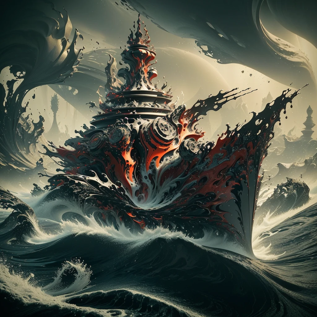 There is a very large red object in the middle of a dark background, 3 d Fluid simulation render, chaotic swirling ferrofluids, rendered in houdini, houdini Fluid simulation, Epic 3D Abstract Model, Fluid simulation in houdini, Fluid simulation, rendered in maya and houdini, rendered, black Fluid simulation, intricate artwork. Octane render